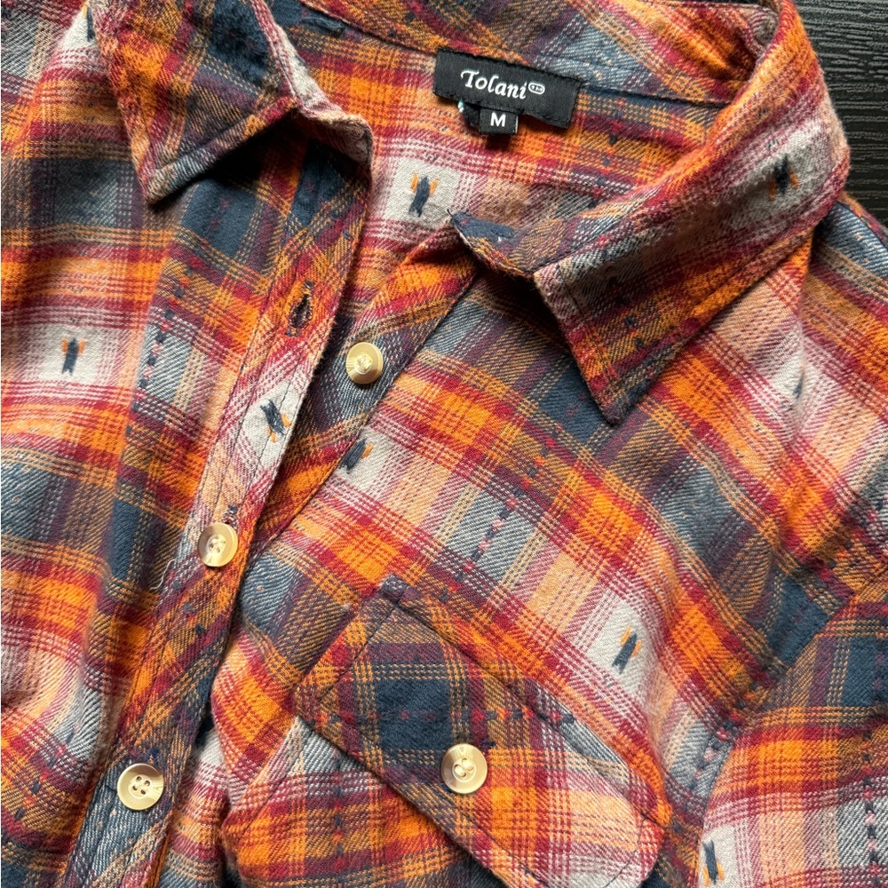 Tolani Mixed Media Plaid Shirt Bandana Back Boho Top M - Picture 9 of 9